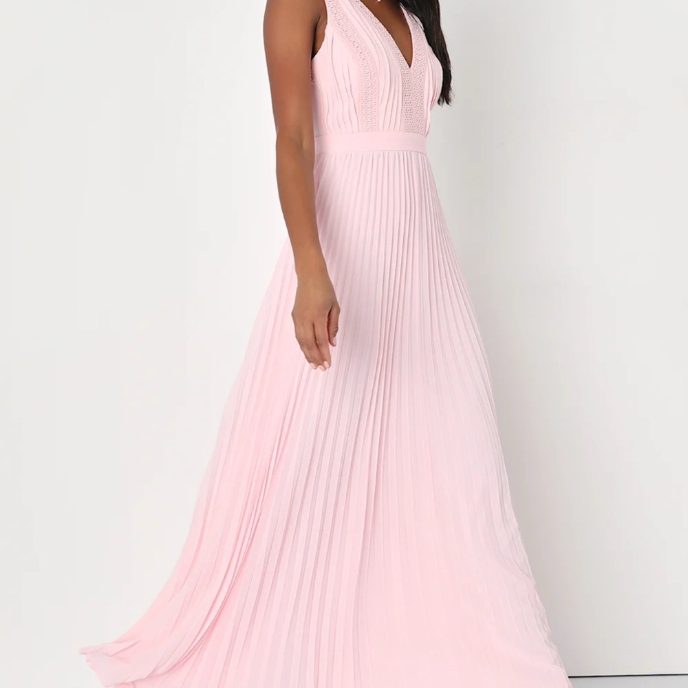 NWT Lulu’s Beautiful Allure Light Pink Pleated Crochet Lace Maxi Dress